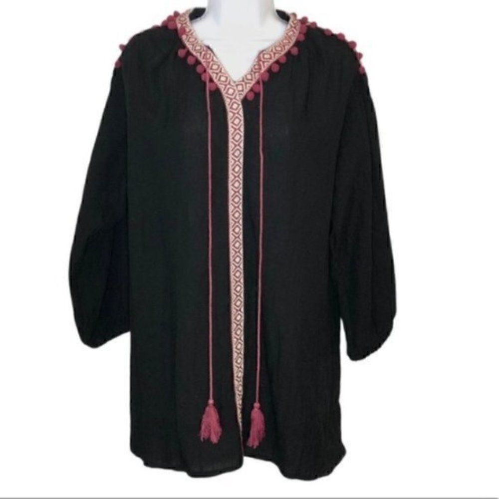 A Shappe Bobble Tassel Embellished Tunic Swim Coverup Top Black S
